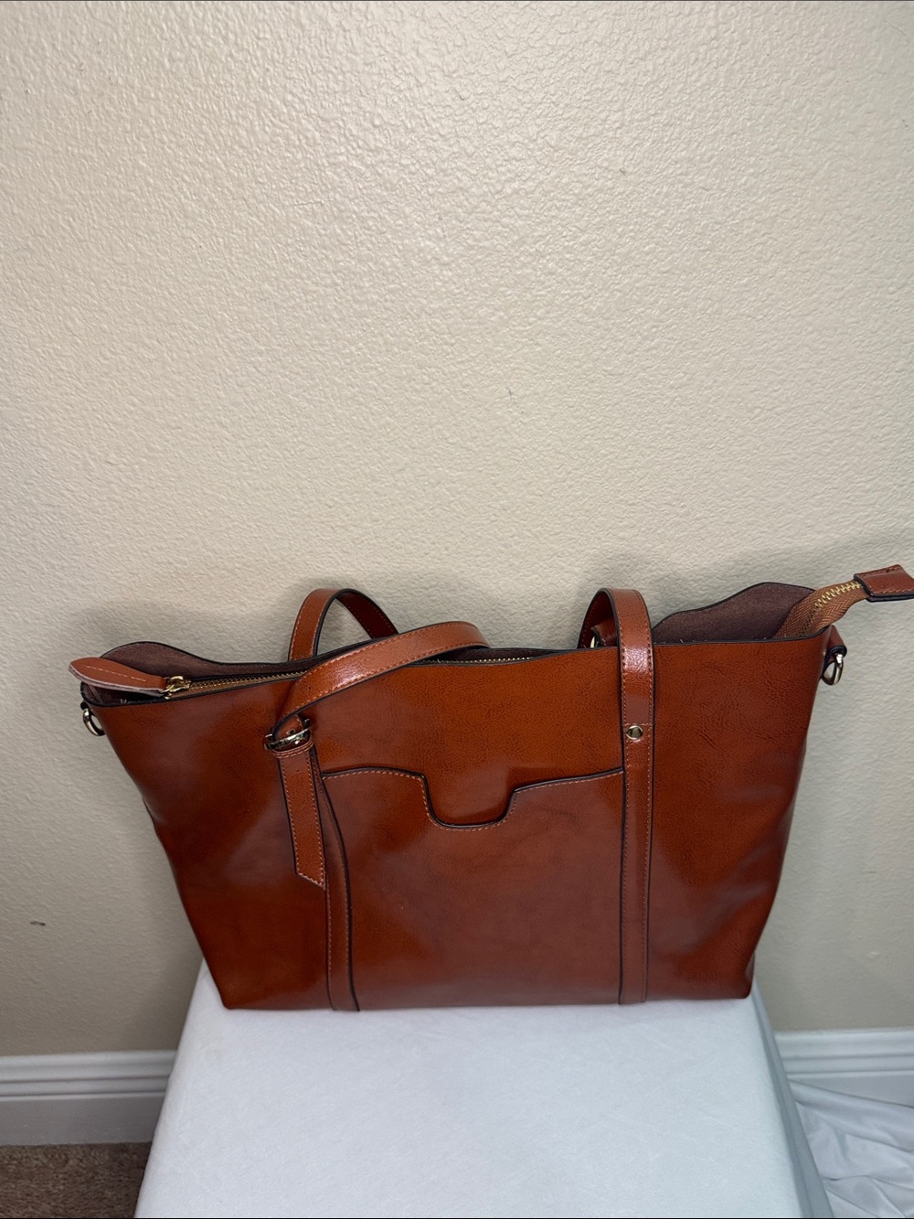 Classic Cognac Tote with Front Slip Pocket